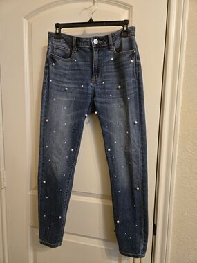 a.n.a Dark Blue Skinny Jeans with Pearl & Rhinestone Accents